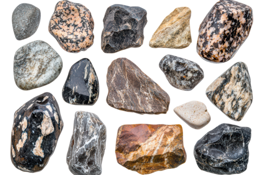 Collection of various colorful stones on a white background for geological study and decoration. isolated on transparent background.