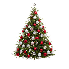 Festively decorated Christmas tree with red and white ornaments, isolated on a white background. isolated on transparent background.