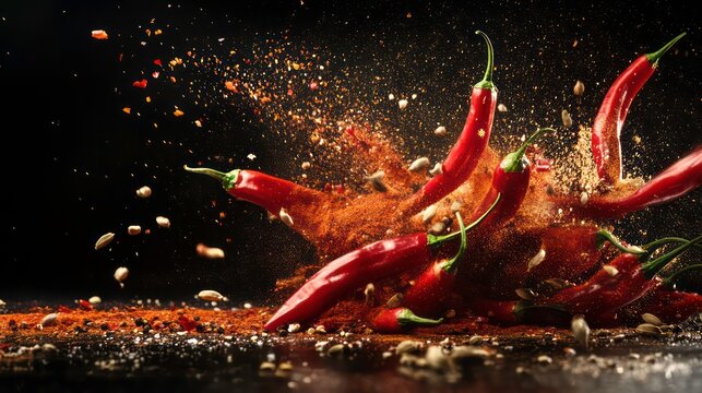 Red chili peppers and spices exploding against a black background.