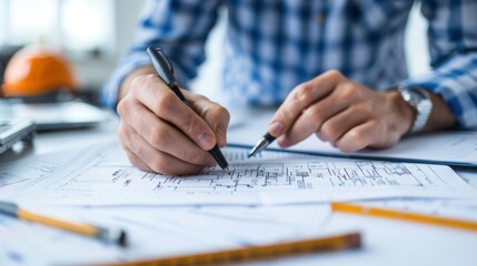 Architect analyzing construction blueprints at a desk, planning and design concept in architectural development.