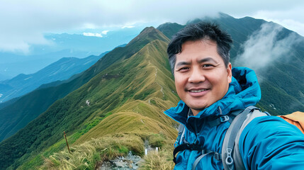 Naklejka premium Asian Man Standing on Mountain Summit Enjoying Majestic Mountain View. Taking a Selfie. Concept of Adventure, Nature Exploration, Outdoor Journey