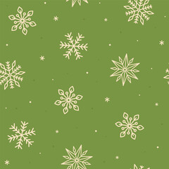 Green pattern with white snowflakes. Seamless pattern. Vector background
