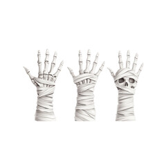 Obraz premium Three spooky skeletal hands wrapped in bandages on a white isolated background. isolated on transparent background.