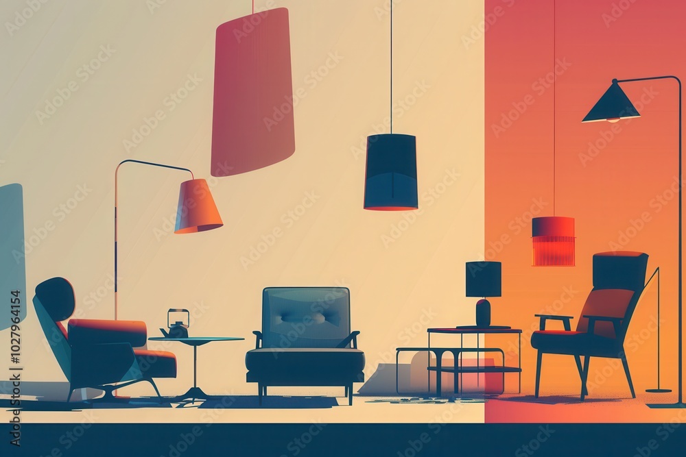 Poster silhouettes of various furniture pieces, including chairs and lamps, create a striking contrast agai