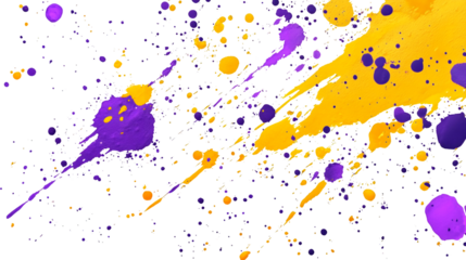 A colorful mix of bright yellow and purple paint splashes isolated on a transparent background, PNG 