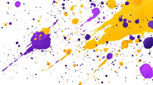 A colorful mix of bright yellow and purple paint splashes isolated on a transparent background, PNG 