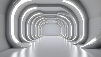 Obraz premium White background 3D room light abstract space technology tunnel stage floor. Empty white future 3D neon background studio futuristic corridor render modern interior silver road black wall