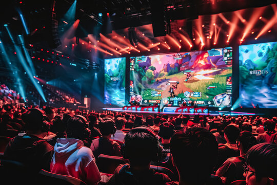 Crowd of people are watching a video game on a large screen. The atmosphere is energetic and exciting, as the audience is fully engaged in the game