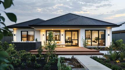 Fototapeta premium Front view of a modern home with a black roof, white walls, wooden terrace, and a garden area, highlighted by evening light