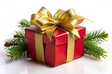 Festive Christmas Gift Box with Red Wrapping, Gold Bow, and Evergreen Sprigs Isolated on White Background for Holiday Decor and Celebrations