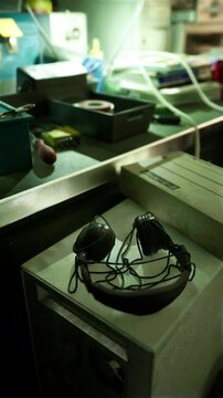 A room filled with a variety of appliances, including old computer equipment, creating a cluttered and tech-filled space with distortion and interference.