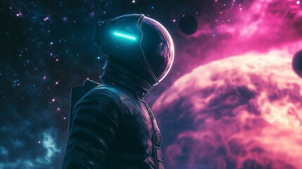 Space traveler in high-tech helmet gazing at distant glowing planets, vibrant nebulae in the background. Concept of futuristic space missions and exploration of unknown galaxies.