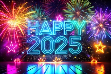 Glowing Neon Text Happy New Year 2025 - Abstract Neon Digital Banner Background for Celebrations and Festive Events