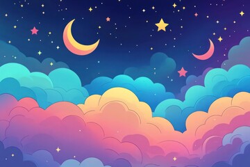 A Dreamy Night Sky with Colorful Clouds and twinkling Stars. Beautiful and Elegant Banner Background