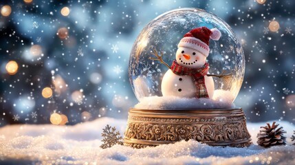 A snow globe with a snowman inside, set on a snowy surface with a pine cone and snowflakes. The background is a blurred out winter scene with falling snow and lights.