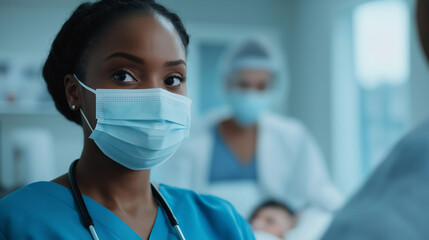 Nurse wearing protective mask looking directly at camera in hospital setting, medical staff and patient in background. Healthcare worker, frontline profession, and medical safety concept.