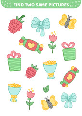 Find two same pictures. Feast elements. Game for children. Cartoon, vector.