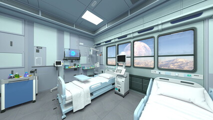 宇宙船内の病室　3DCGレンダリング