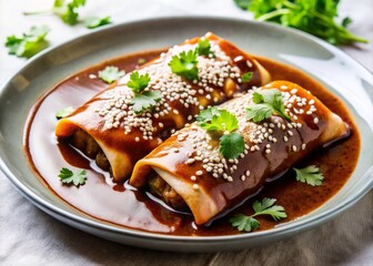 Minimalist Chicken Enmoladas - A Culinary Delight of Mole Poblano Enchiladas, Traditional Mexican Dish, Authentic Flavors, Simple Presentation, Food Photography, Cultural Cuisine
