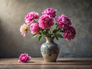 Minimalist Still Life with Peonies in a Chinese Vase - Elegant Floral Arrangement, Soft Colors, Tranquil Atmosphere, Home Decor, Artistic Composition, Serene Aesthetic, Nature Inspired