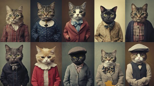 Collage of ten cats dressed in vintage clothing.