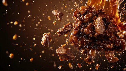 Fototapeta premium A splash of rich, dark gravy with pieces of meat flying through the air.