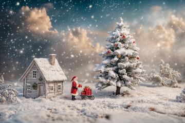 Naklejka premium December scene with a winter landscape, a snow-covered Christmas tree and Santa Claus delivering gift boxes.