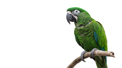 A vibrant green domestic parrot sitting on a perch, isolated on transparent background, with copy space 