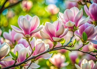 Fototapeta premium Stunning Magnolia Tree Blossom in Full Bloom - High Depth of Field Capture of Delicate Pink and White Flowers Against a Soft Green Background, Nature's Beauty, Springtime Splendor