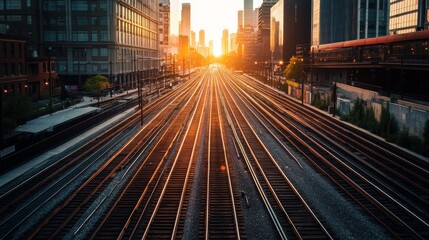Obraz premium Train tracks weave through an urban landscape, connecting people and places.
