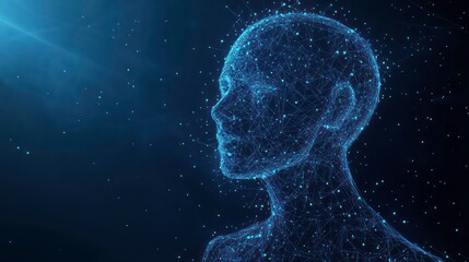 Fototapeta premium Abstract digital human head, made of lines and dots, on a dark blue background.