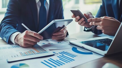 Two businessmen collaborate on a project, utilizing a laptop, tablet, and smartphone in an office setting. They engage in business planning and problem-solving, working together to find solutions.