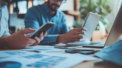 Two businessmen collaborate on a project, utilizing a laptop, tablet, and smartphone in an office setting. They engage in business planning and problem-solving, working together to find solutions.