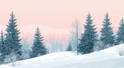 A Tranquil Snowy Landscape with Pine Trees in Soft Pastel Colors, Featuring a Gentle Gradient Background of Light Pink and Sky Blue.