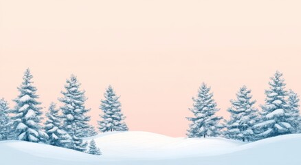 Naklejka premium A Tranquil Snowy Landscape with Pine Trees in Soft Pastel Colors, Featuring a Gentle Gradient Background of Light Pink and Sky Blue.