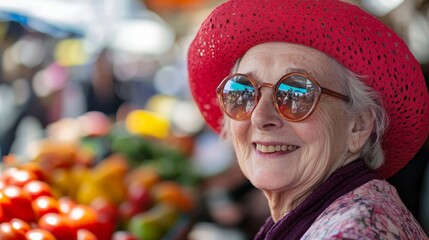 Cheerful elderly woman with a pink hat and sunglasses at a vibrant market. Smiling among colorful fresh fruits.