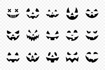 Jack-o-Lantern Faces Collection for Halloween Pumpkin Carving, Black Silhouette Pumpkin Faces. Jack-o-Lantern Design, Halloween Face Icon Set. Jack-o-Lantern Illustrations for Halloween Decor