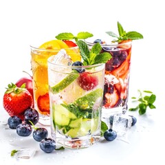 Refreshing summer drinks with fruits and herbs in clear glasses on a bright background