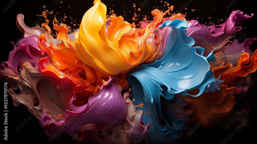 Wall mural abstract circle liquid motion flow explosion. curved wave colorful pattern with paint drops on black