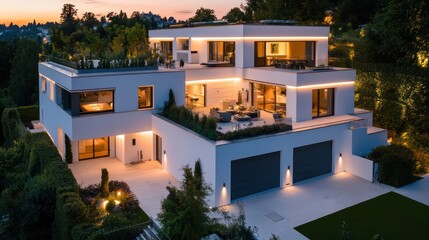 Fototapeta premium High-definition view of a modern house with white walls, a rooftop terrace, large garage, illuminated at dusk with a garden