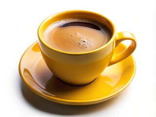 Fototapeta premium Yellow Coffee Cup on White Background with Dark Liquid and Clipping Path for Creative Projects