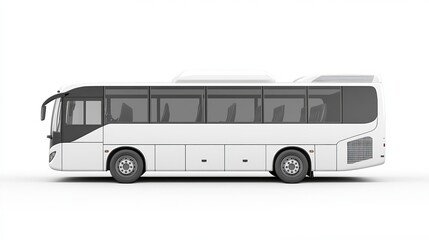 White side view of a passenger bus on white background. Comfy tourist bus used for international passenger transportation.
