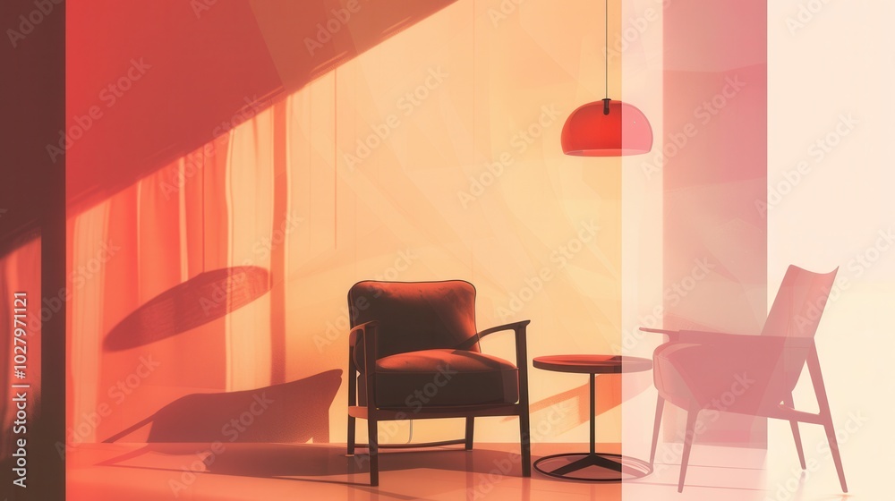 Poster a cozy arrangement features silhouettes of an armchair, table, and lamp set against a soft light gra
