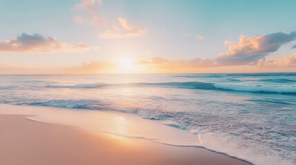 Fototapeta premium A beautiful sunset over the ocean with white sand and foamy waves.