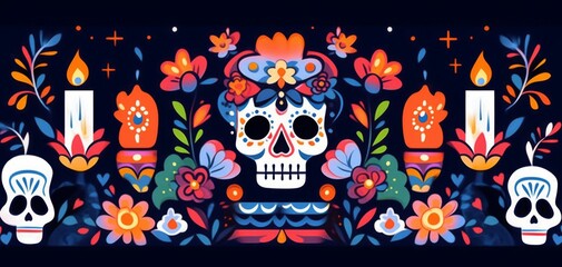 Day of the Dead Logo Featuring Masks, Skulls, and Sombrero with Colorful Patterns on Dark Blue Background.