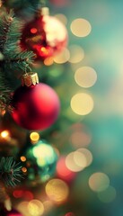 Obraz premium A close-up of a red Christmas ornament hanging on a decorated tree, with twinkling lights in the background.