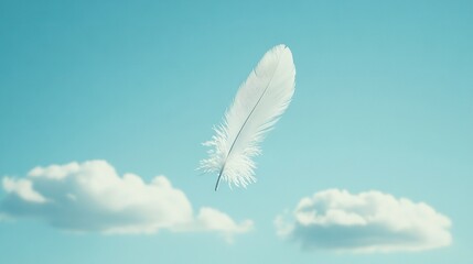   A white feather drifts in the sky against a blue background, surrounded by fluffy clouds