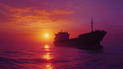 Obraz premium A tranquil sunset over the ocean with a ship silhouetted against vibrant skies. A peaceful scene of nature and maritime beauty.