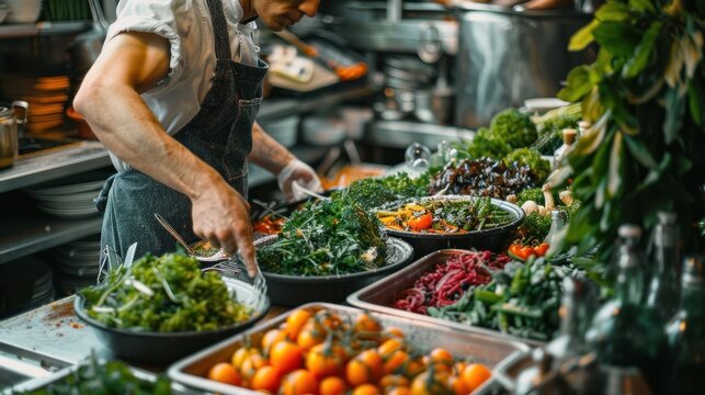 Culinary and Vibrant Plant Based Ingredients in a Chef s Kitchen  A skilled chef prepares a nutritious and delicious meal using an array of fresh locally sourced produce and wholesome