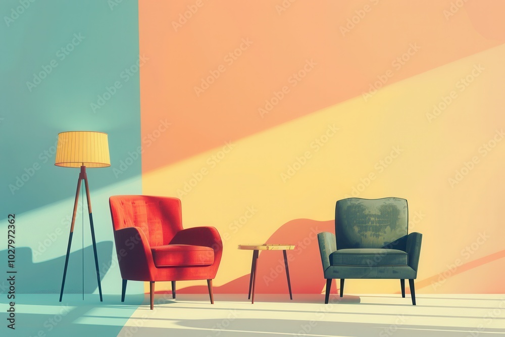 Poster Various silhouettes of furniture pieces are showcased against a soft gradient backdrop, creating a warm and inviting atmosphere. Generative AI